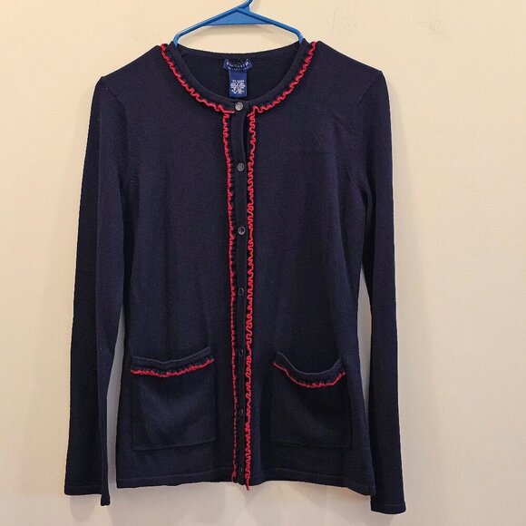 NWT‎ Women's Doncaster Cardigan Sweater Navy Blue with Red Trim XS - Picture 1 of 7